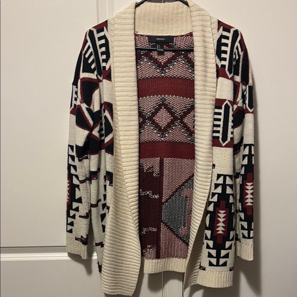 Forever 21 Geometric Cardigan - Cream, Black, Burgundy